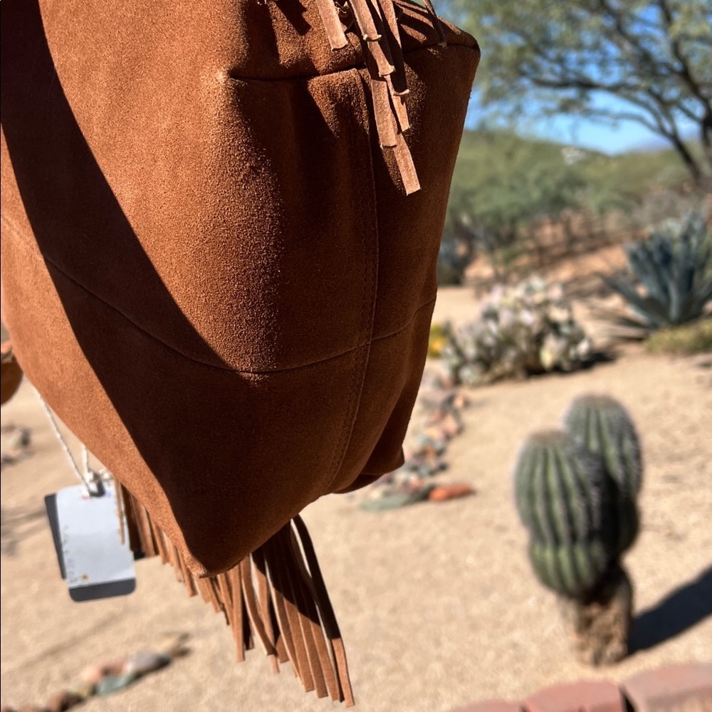Haute Hippie | Honey Tan Suede Bucket Bag w/ Fringe and Adjustable Buckle - Picture 10 of 11
